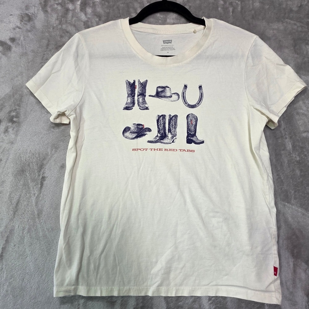 Levis Womens Graphic Tee Cream Western Cowboy Boots Horseshoe Cotton Shirt M